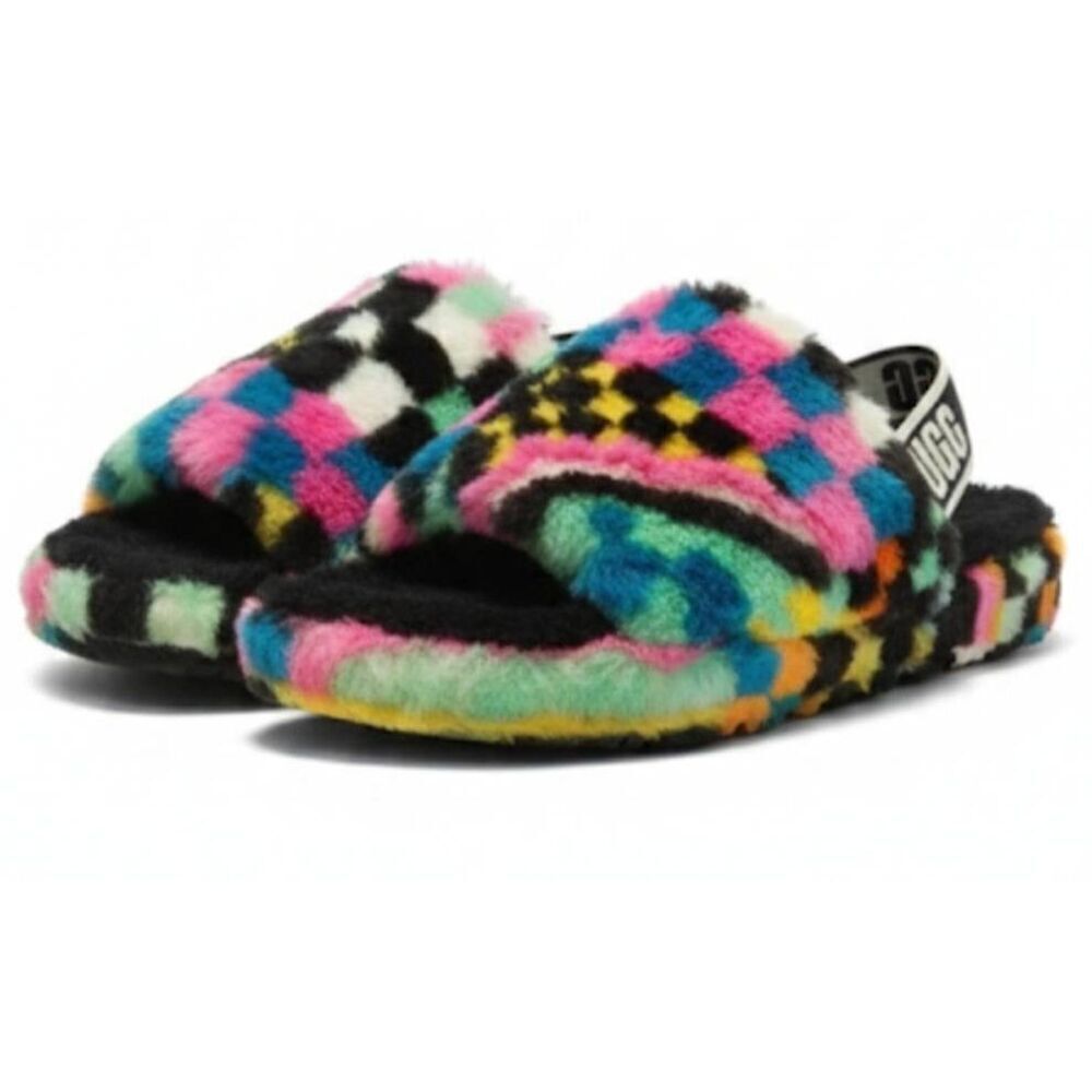Uggs womens size 8 fluff yeah sandals checkered plaid pink slippers green - Picture 7 of 8